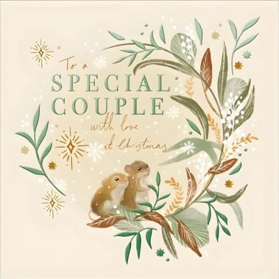 Image of Special Couple Christmas Card Mice and Winter Foliage Wreath Artistic Festive Design Finish Made in the UK Eco Friendly
