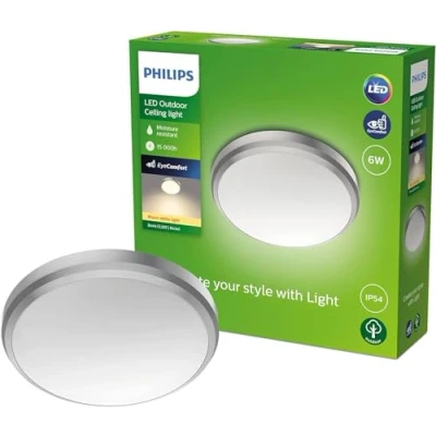 Image of PHILIPS LED Doris Outdoor Ceiling Light 6W [Warm White Nickel] Water Resistant IP54, for Garden, Patio and Terrace Lighting.
