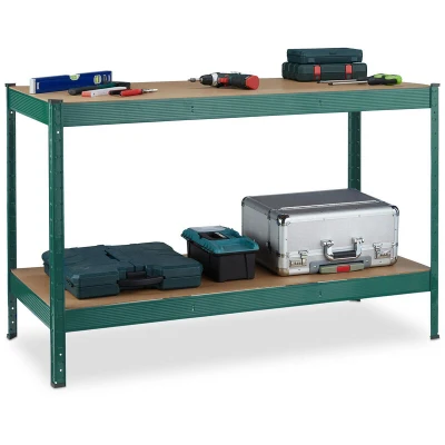 Image of Relaxdays Workbench, 600 kg, Workshop Table, Garage, HWD: 91 x 141 61 cm, Steel &amp; MDF, Tool Bench, 2 Levels, Green, 80% 20% fibreboard