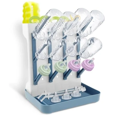 Image of Baby Bottle Dryer Rack Plastic Vertical Standing Holder Space Saving Countertop Dish Holds Up to 12 Bottles for Newborn Feeding Essentials (Blove)