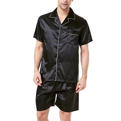 Image of Men&#039;s Short Sleeve Satin Pyjama Set with Shorts (Black White Piping,Medium)