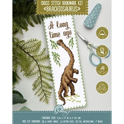 Image of Povitrulya Dinosaur Counted Cross Stitch Kit Brachiosaurus DIY Bookmark Set for Hand Embroidery