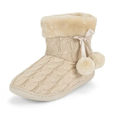 Image of Polar Womens Memory Foam Pom Winter Faux Fur Luxury Plush Cosy Anti Slip Indoor Outdoor Slippers Cream Knitted 9 YC0809_9