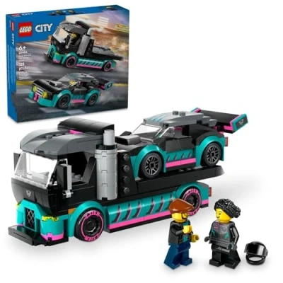 Image of LEGO City Race Car and Carrier Truck Toy Playset, Vehicle Transporter with Adjustable Loading Ramp Toy, Racer Driver Minifigures, Fun Gift for Kids Ages 6 Up, 60406