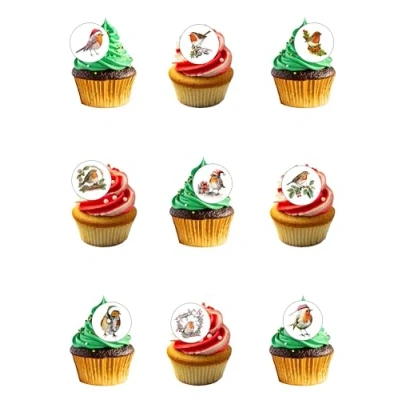 Image of 24 Pre Cut Christmas Robins Themed Edible Wafer Paper Cake Toppers Decorations
