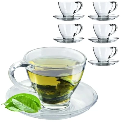 Image of KADAX Glass Cup with Saucer, 200 ml/250 ml, Transparent Set, Tea Cup, Coffee Cups Saucer (Hannah / 6 Pieces)