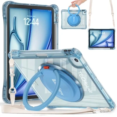 Image of TECHGEAR ExoView Case for Apple iPad Air 11&quot; 2024 (M2), 10.9&quot; 4th &amp; 5th, Pro (2018 2022) Tough Rugged Slim Shockproof Clear Case, 360 Rotating Ring Grip Hand Holder Stand Strap