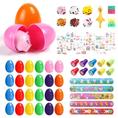Image of 24 Pcs Toy Filled Easter Eggs, Egg Hunt Kit Colourful Surprise Plastic Eggs with Slap Bands/Easter Stamps/Car Toys/Tattoos Stickers for Kids, Basket Stuffers Fillers, Classroom Gifts