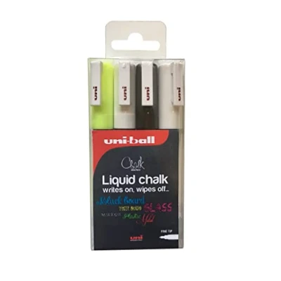 Image of uni ball PWE 3MS Liquid Chalk Pens. Multi Purpose Wipeable Coloured Markers for Blackboards, Chalkboards, Whiteboards, Glass, Mirrors, Plastic, Windows, Metal. Safe Kids. Bullet Tip. 4 Pack