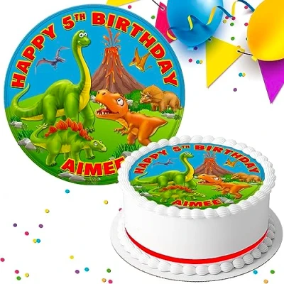 Image of DINOSAUR HAPPY BIRTHDAY PERSONALISED 7.5 INCH EDIBLE ICING CAKE TOPPER DECORATION RZ760