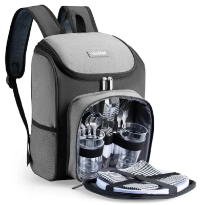 Image of VonShef Picnic Backpack, 4 Person Grey Hamper with Dining &amp; Cutlery Set Cooler Compartment, Lightweight Water Resistant Bag, Insulated Camping Accessories