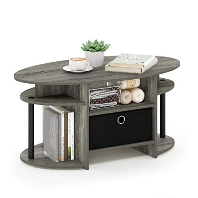 Image of Furinno JAYA Simple Design Oval Coffee Table with Bin, French Oak/Black/Black