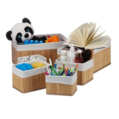 Image of Relaxdays Set of 6 Bamboo Storage Baskets, Fabric Cover, Sqaure, Decorative Containers, Natural