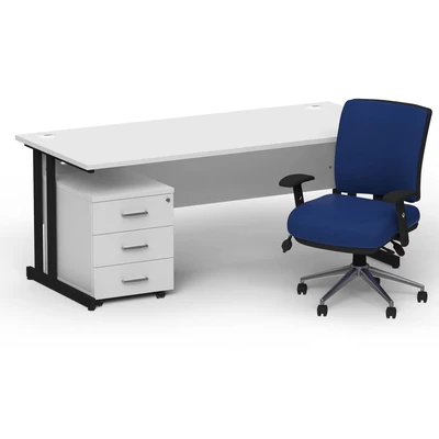 Image of Impulse 1800 Black Cant Desk White + 3 Dr Mobile Ped &amp; Chiro Blue