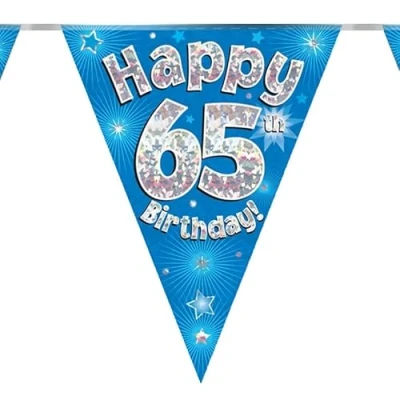 Image of Party Bunting Happy 65th Birthday Blue Holographic 11 flags 3.9m