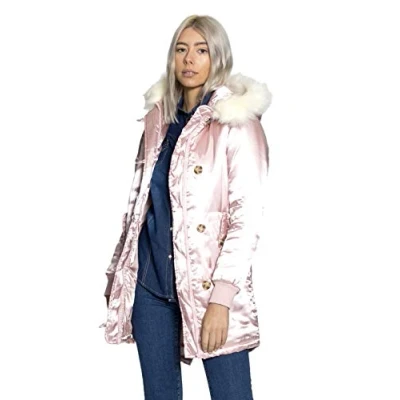 Image of SS7 Womens Parka Coat Satin Pink with Faux Fur
