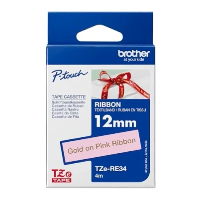 Image of Brother TZe RE34 Labelling Tape Cassette, Gold on Pink, 12mm (W) x 4M (L), Ribbon Tape, Genuine Supplies