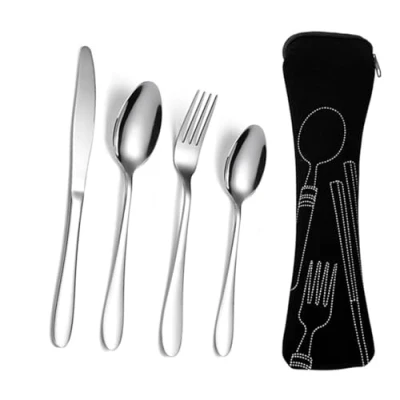 Image of LAWALEISHE 4 Pcs Cutlery Set with Portable Pouch Case, Stainless Steel Flatware Camping Utensil Knife, Fork, Spoon Neoprene Bag for Outdoor Travel Picnic Office School Lunch Box