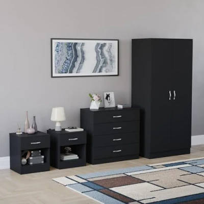 Image of Vida Designs Riano 4 Piece Bedroom furniture Set, 2 x 1 Drawer Bedside cabinets, Chest of &amp; Door Wardrobe (Black)
