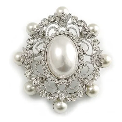 Image of Avalaya Silver Tone Filigree Light Cream Simulated Pearl Corsage Brooch 60mm L