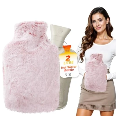 Image of LKH Hot Water Bottle with Cover UK Cosy Pocket 2L for &amp; Cold Compress Washable Super Soft Sherpa Fleece Faux Fur Hand Warmer Neck Shoulder Pain Relief