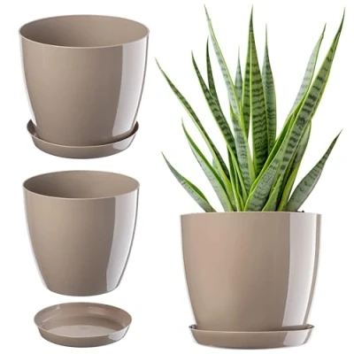 Image of KADAX Plant Pot, Plastic Flowerpot with matching Tray, Indoor Planter in several colours, Lightweight and Waterproof Pot for Office Living Room (⌀16cm, Beige)