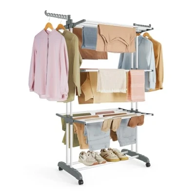 Image of SONGMICS Large Clothes Airer, Foldable Drying Rack Laundry 4 Tier, Moveable Horse, 64 x 126 172 cm, Stainess Steel, Folding Wings, Easy Assembly, Indoor Outdoor Use, White LLR701W01