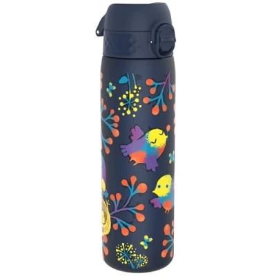 Image of Ion8 500ml Water Bottle, BPA Free, Leakproof, Dishwasher Safe, Easy Open, Secure Lock, Clear Drinks Bottle for Boys &amp; Girls, Small Gym Sports Drinking 500ml, Navy Blue, Birds Design