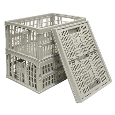 Image of VR7 Folding Storage crates with handles Stackable Plastic Baskets for Home Kitchen Collapsible Boxes Grey 3 Pack