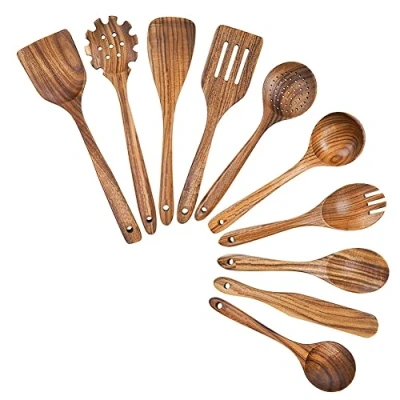 Image of Fuzzbat Wooden Cooking Utensils, Kitchen Utensils Set with Holder Teak Wood Spoons and Spatula for