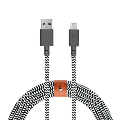 Image of Native Union BELT Cable XL 3m (10ft) Ultra Strong Reinforced [MFi Certified] Lightning to USB Charging with Leather Strap compatible iPhone/iPad (Zebra)