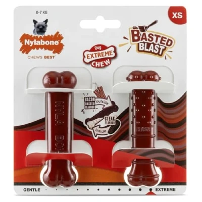 Image of Nylabone Pack of 2 Basted Blast Extreme Chewers Tough Nylon Dog Chew Toy Bone, Durable, Boredom Breaker, Cleans Teeth, Bacon and Steak Flavour, Extra Small, For Dogs 0 7kg