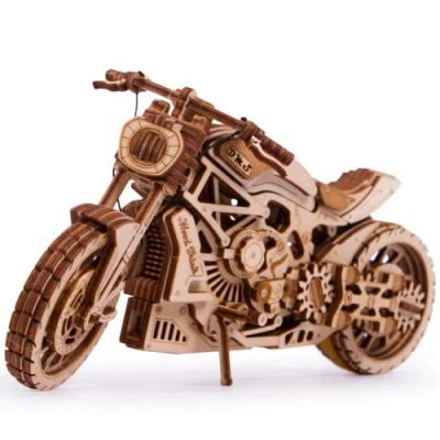 Image of Wood Trick Motorcycle w/Rubber Band Motor Rides up to 16ft Mechanical Model Kit for Adults and Kids 10x4 3D Wooden Puzzles Engineering DIY Models Build