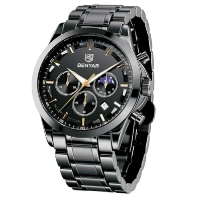 Image of BENYAR Mens Watch Analog Quartz Movement Chronograph Stylish Casual Business Work Men&#039;s Wrist with Stainless Steel Bracelets Waterproof Luminous Date Watches Elegant Gift for Men