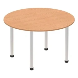 Image of Impulse 1000mm Round Table Oak Top Brushed Aluminium Post Leg