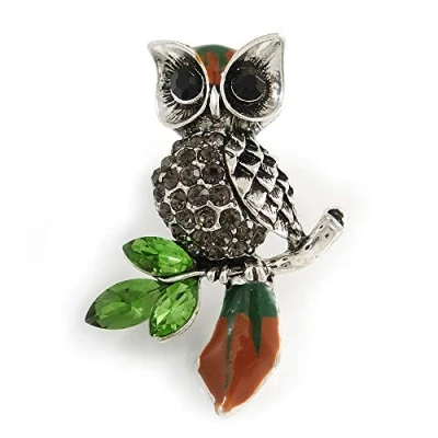 Image of Avalaya Wise Crystal Owl Brooch in Silver Tone Metal (Grey/Green) 40mm Long
