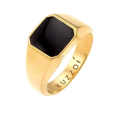 Image of Kuzzoi Golden Signet Ring, Men&#039;s Octagonal with Enamel, Black, in 925 Sterling Silver, Gold Plated, 10 mm Wide, Ring for Men