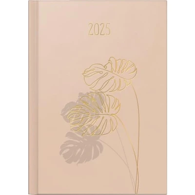 Image of rido/idé Book Calendar Model Mentor (2025) &quot;Monstera&quot;, 1 Page = Day, A5, 352 Pages, Faux Leather Cover, Dusky Pink