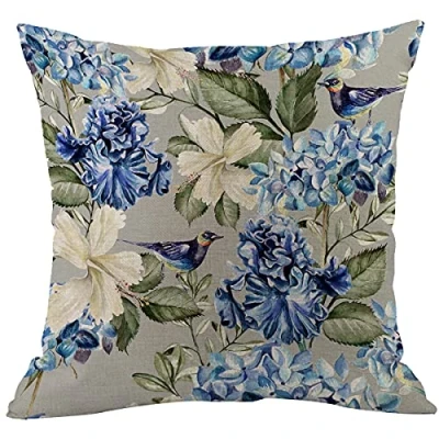 Image of CANSEGO Floral Throw Pillow Cover Spring Plant Blue White Flowers Hydrangea Hibiscus Iris Bird Green Leaf Pillowcases Home Decorative Cotton Linen Cushion for Sofa Chair 18x18 Inch
