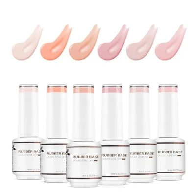 Image of Nicedeco 4 In 1 Rubber Base Gel Set For Nails, Hema Free Nude Rose Pink Sheer Color Nail Polish UV LED Soak Off, Elastic Strengthen Enhance Coat 6pcs x 8ml Kit36