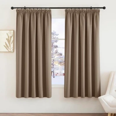 Image of PONY DANCE Blackout Thermal Curtains for Bedroom Plain Room Darkening Pencil Pleat Nursery Energy Saving Drapes Living Room, 2 Panels, W66 X L72, Cappuccino
