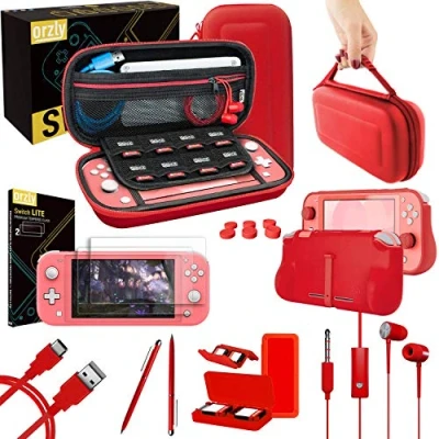 Image of Orzly Switch Lite Accessories Bundle Case &amp; Screen Protector for Nintendo Console, USB Cable, Games Holder, Comfort Grip Case, Headphones, Thumb Pack More Red