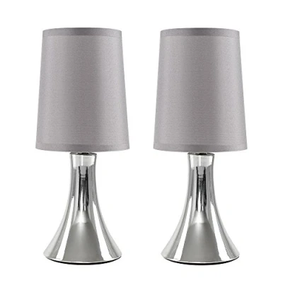 Image of MiniSun Pair of Small Modern Chrome Trumpet Touch Table Lamps Bedside Lights with Grey Fabric Shades