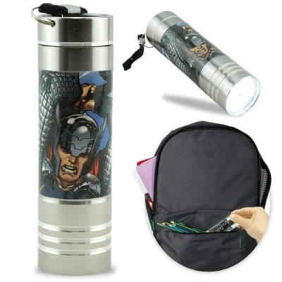 Image of Portable Avengers 9 LEDs Torch, Aluminium Silver Mini Flashlight, 8.7cm Lightweight Torch for Kids Hiking Camping Outdoor Emergency 3+ Years