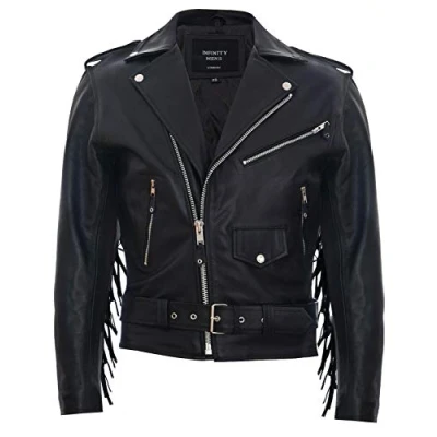 Image of Mens Fringe Hide Leather Brando Tasseled Motorcycle Jacket Retro Biker L Black