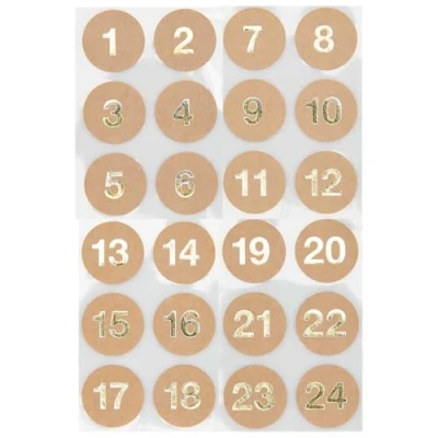 Image of Kraft 24 Advent Calendar Stickers Gold Foil Numbers 3cm Wide