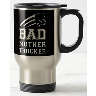 Image of Novelty TRAVEL MUG ≈ BAD MOTHER TRUCKER lorry hgv artic truck driver gift truckers commuter mugs REF M100T
