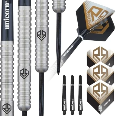 Image of Unicorn Darts Set Ross &#039;Smudger&#039; Smith 90% Natural Tungsten Barrels with Laser Etched RS &amp; U Logo Hallmark Steel Tip Black Volute Points 22 g