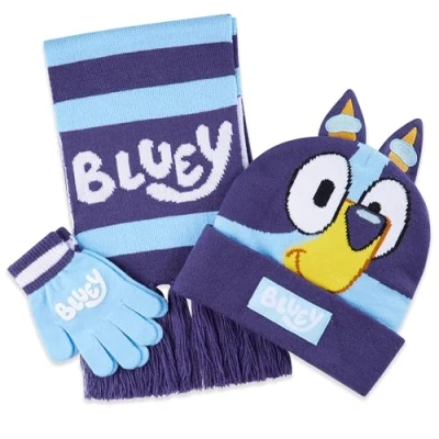 Image of Bluey Hat Scarf and Gloves Set Kids Beanie One Size Cosy Winter Accessories Gifts for (Blue)