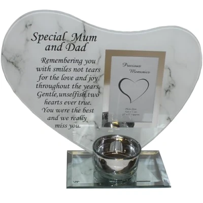 Image of Glass Memorial Tea Light Candle Holder Photo Frame Marble Effect Mum and Dad 0937